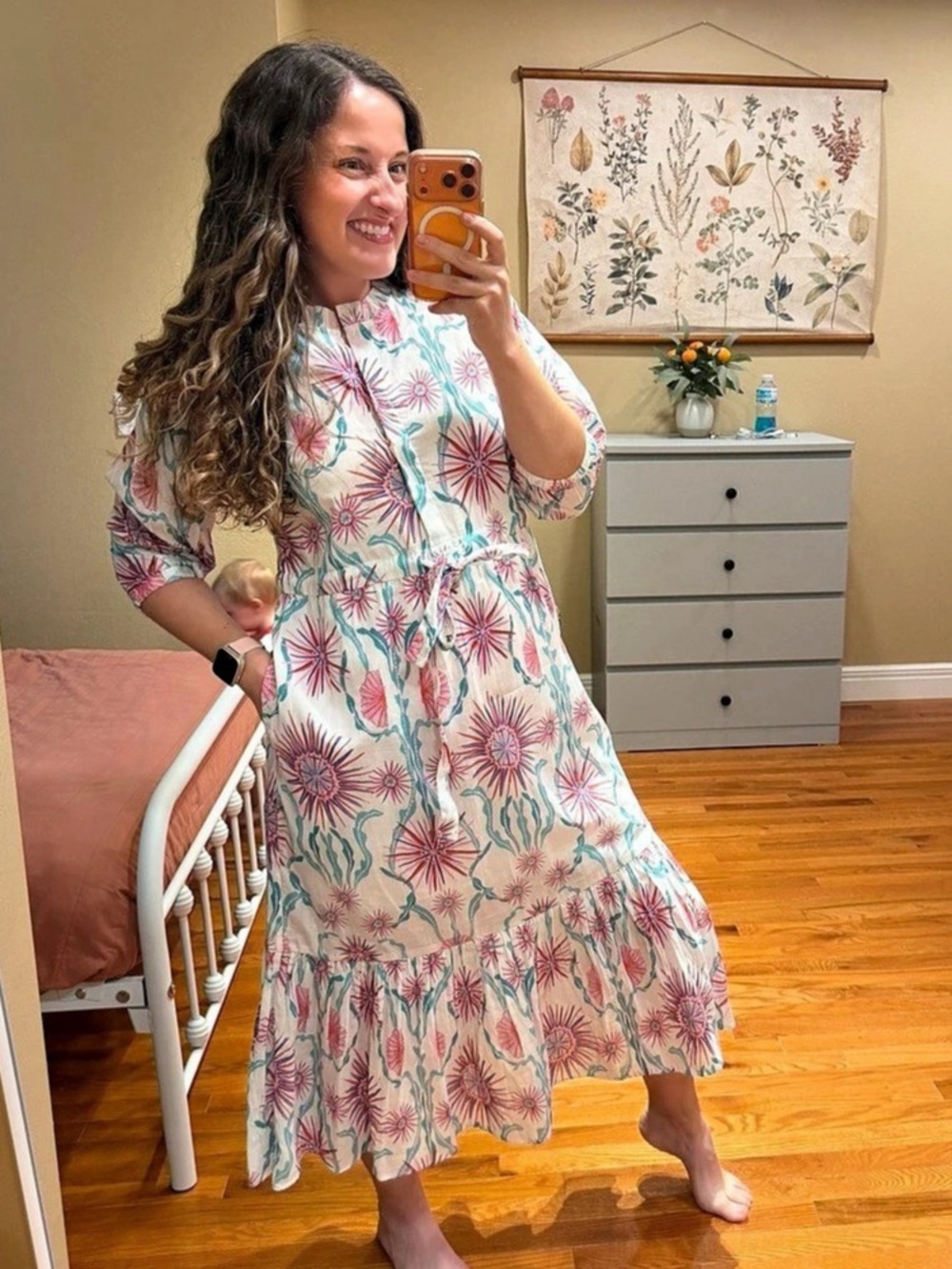 Tuckernuck Banjanan Bazaar Floral Midi Dress in White & Pink Size Small Cotton